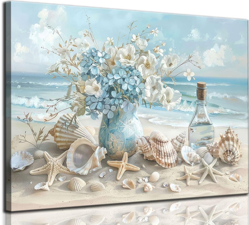 AKOTAC Blue Ocean Beach Bathroom Canvas Wall Art Seaside Seashell Painting Print Artwork Starfish with White Flower Coastal Picture Wall Decor for Living Room Bedroom Bathroom Decoration - Image 1