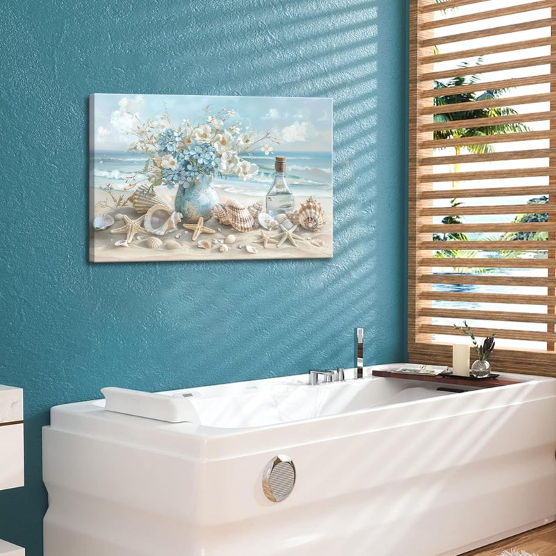 AKOTAC Blue Ocean Beach Bathroom Canvas Wall Art Seaside Seashell Painting Print Artwork Starfish with White Flower Coastal Picture Wall Decor for Living Room Bedroom Bathroom Decoration - Image 2