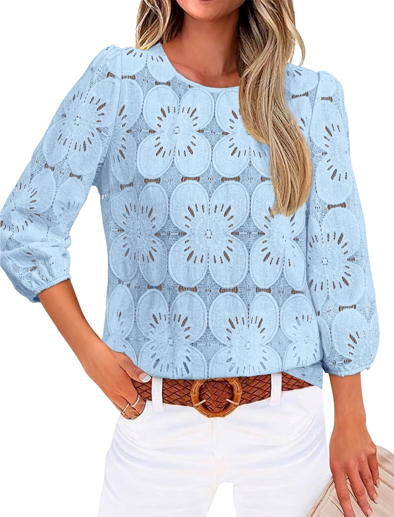 SAMPEEL 3/4 Length Sleeve Womens Summer Tops 2026 Trendy Spring Blouses Lightweight Lace Tops Dressy Casual Fashion Beach Vacation Outfits Light Blue M - Image 2