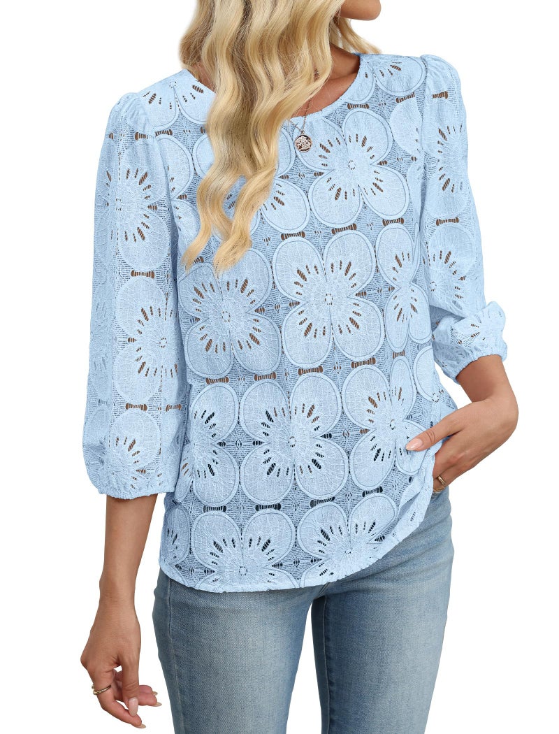 SAMPEEL 3/4 Length Sleeve Womens Summer Tops 2026 Trendy Spring Blouses Lightweight Lace Tops Dressy Casual Fashion Beach Vacation Outfits Light Blue M - Image 3