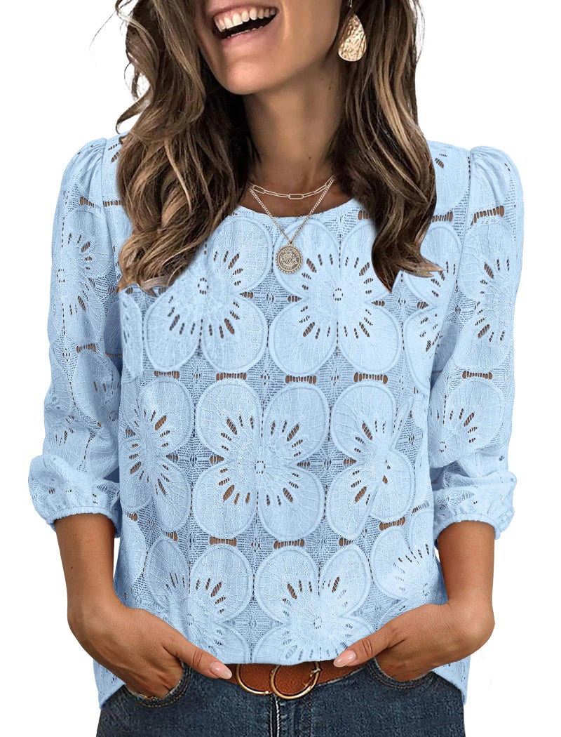 SAMPEEL 3/4 Length Sleeve Womens Summer Tops 2026 Trendy Spring Blouses Lightweight Lace Tops Dressy Casual Fashion Beach Vacation Outfits Light Blue M - Image 1