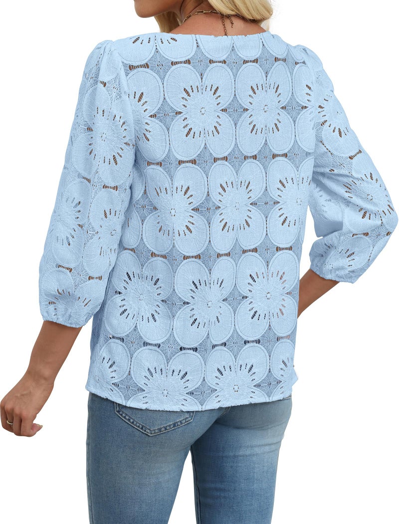 SAMPEEL 3/4 Length Sleeve Womens Summer Tops 2026 Trendy Spring Blouses Lightweight Lace Tops Dressy Casual Fashion Beach Vacation Outfits Light Blue M - Image 5