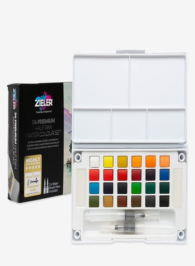 Zieler Pocket-Sized Premium Watercolour Paint Box Set 24 Half Pans, 2 refillable Watercolour Brushes, Mixing Pallet, 2 sponges & Durable case. Complete with Starter Guide - Ideal Travel Set - Image 1