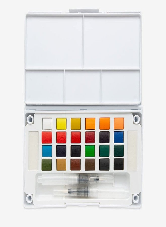 Zieler Pocket-Sized Premium Watercolour Paint Box Set 24 Half Pans, 2 refillable Watercolour Brushes, Mixing Pallet, 2 sponges & Durable case. Complete with Starter Guide - Ideal Travel Set - Image 2