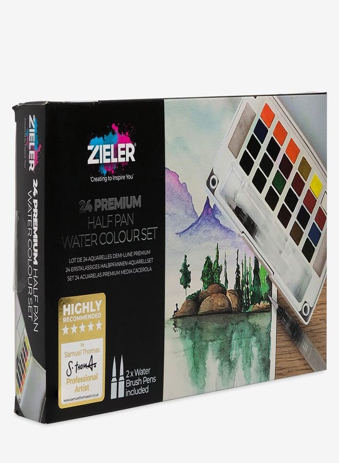 Zieler Pocket-Sized Premium Watercolour Paint Box Set 24 Half Pans, 2 refillable Watercolour Brushes, Mixing Pallet, 2 sponges & Durable case. Complete with Starter Guide - Ideal Travel Set - Image 3