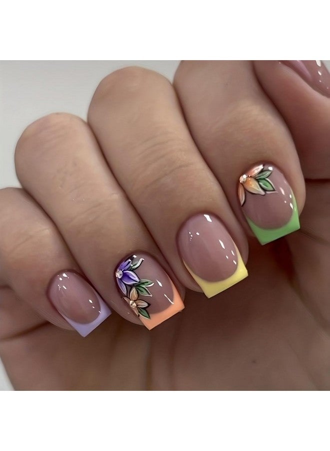OCOUYVD French Tip Press On Nails Short Square Fake Nails With Flower Designs Acrylic Nails Colorful Nail Tip Stick On Nails Cute Spring Press On Nails Gloss Artificial Nails For Women Manicure Art - Image 1