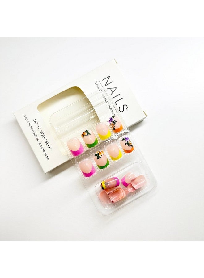 OCOUYVD French Tip Press On Nails Short Square Fake Nails With Flower Designs Acrylic Nails Colorful Nail Tip Stick On Nails Cute Spring Press On Nails Gloss Artificial Nails For Women Manicure Art - Image 5