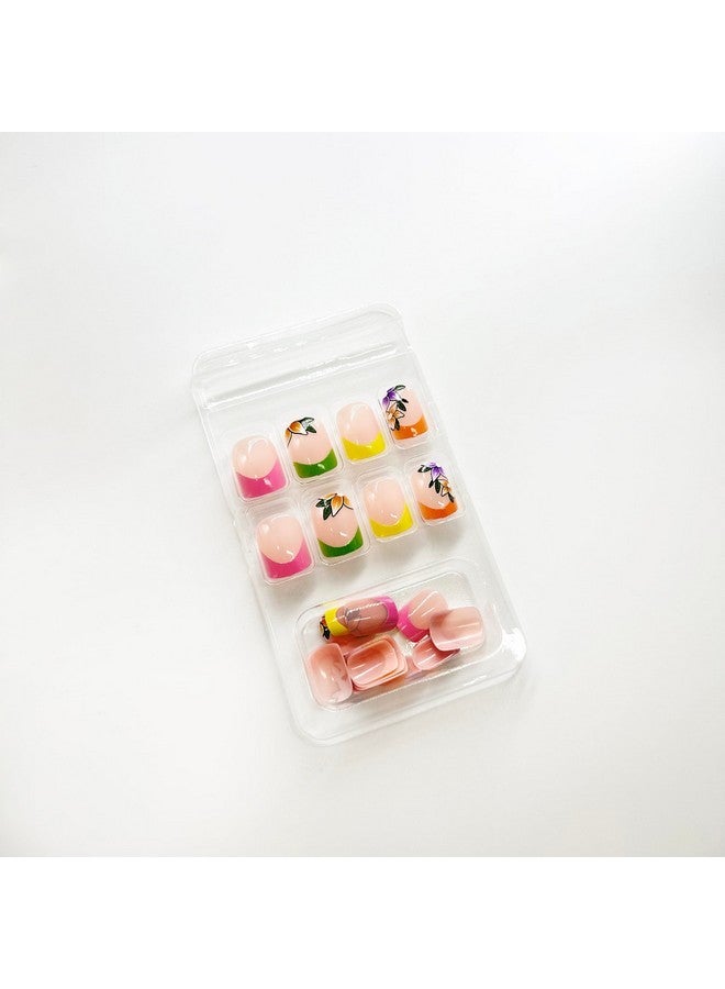 OCOUYVD French Tip Press On Nails Short Square Fake Nails With Flower Designs Acrylic Nails Colorful Nail Tip Stick On Nails Cute Spring Press On Nails Gloss Artificial Nails For Women Manicure Art - Image 4
