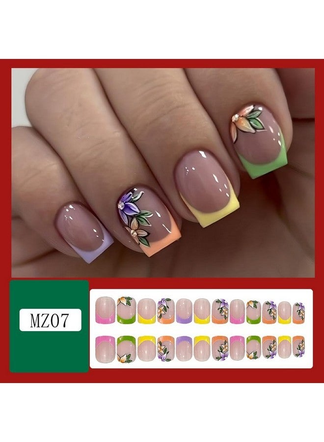 OCOUYVD French Tip Press On Nails Short Square Fake Nails With Flower Designs Acrylic Nails Colorful Nail Tip Stick On Nails Cute Spring Press On Nails Gloss Artificial Nails For Women Manicure Art - Image 3