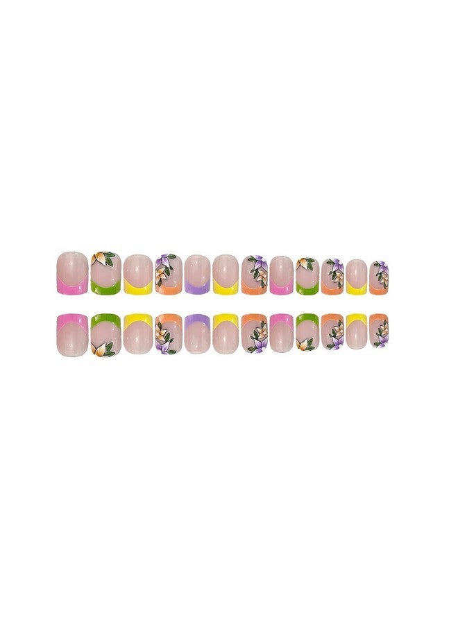 OCOUYVD French Tip Press On Nails Short Square Fake Nails With Flower Designs Acrylic Nails Colorful Nail Tip Stick On Nails Cute Spring Press On Nails Gloss Artificial Nails For Women Manicure Art - Image 2