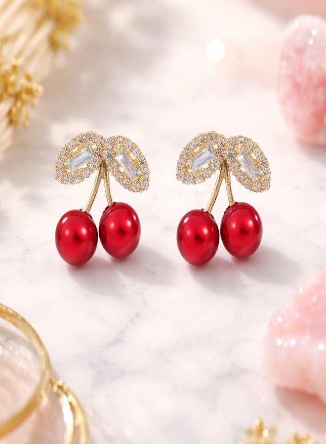 Meenaz Crystal Red Cherry Studs Gold Korean Earrings set for Women & Girls | Diamond Earing Western | Stylish Ear Rings Jewellery for woman Accessory | Valentine Gift for Girlfriend couple -285 - Image 3