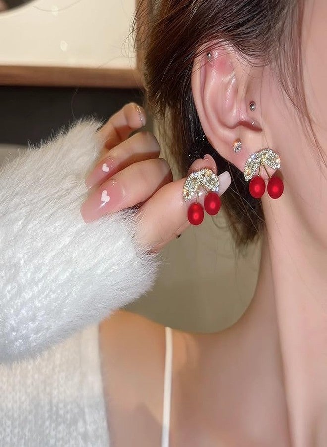 Meenaz Crystal Red Cherry Studs Gold Korean Earrings set for Women & Girls | Diamond Earing Western | Stylish Ear Rings Jewellery for woman Accessory | Valentine Gift for Girlfriend couple -285 - Image 2