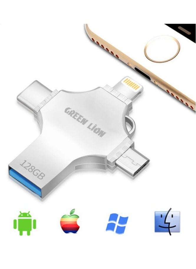GREEN LION - 4-in-1 High-Speed USB Flash Drive 128GB Data Transfer / USB-A / USB-C / Lightening / Micro / Large Storage Capacity / Portable Design - Silver - Image 1