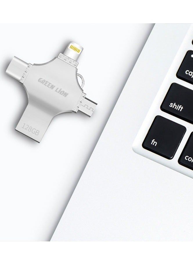 GREEN LION - 4-in-1 High-Speed USB Flash Drive 128GB Data Transfer / USB-A / USB-C / Lightening / Micro / Large Storage Capacity / Portable Design - Silver - Image 1