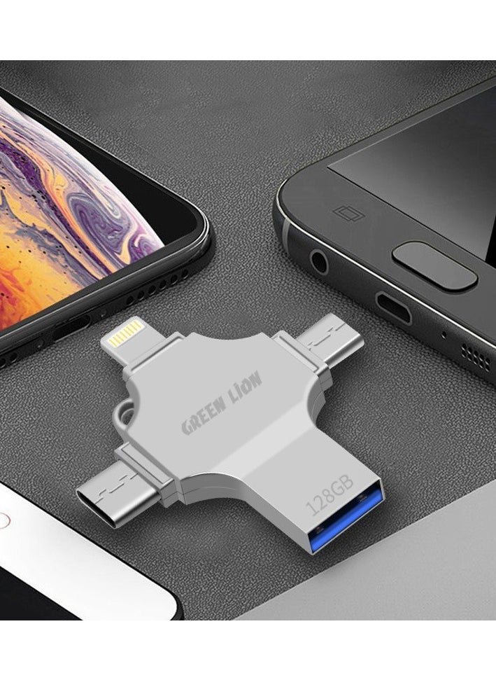 GREEN LION - 4-in-1 High-Speed USB Flash Drive 128GB Data Transfer / USB-A / USB-C / Lightening / Micro / Large Storage Capacity / Portable Design - Silver - Image 1