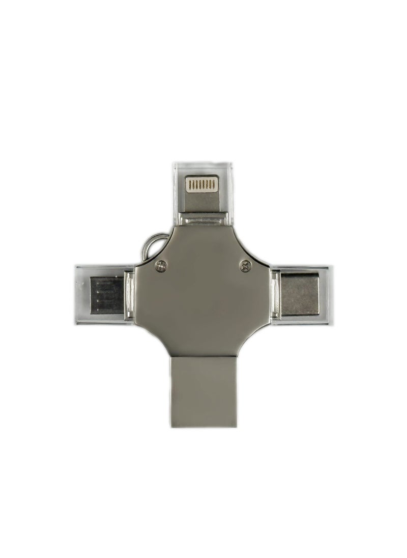 GREEN LION - 4-in-1 High-Speed USB Flash Drive 128GB Data Transfer / USB-A / USB-C / Lightening / Micro / Large Storage Capacity / Portable Design - Silver - Image 1