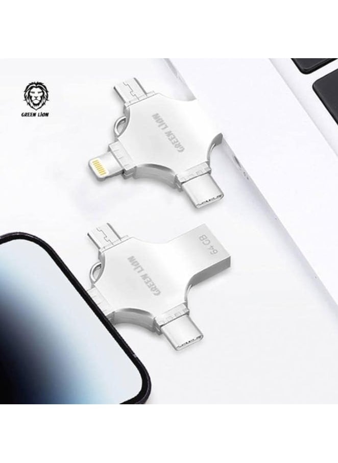 GREEN LION - 4-in-1 High-Speed USB Flash Drive 128GB Data Transfer / USB-A / USB-C / Lightening / Micro / Large Storage Capacity / Portable Design - Silver - Image 1