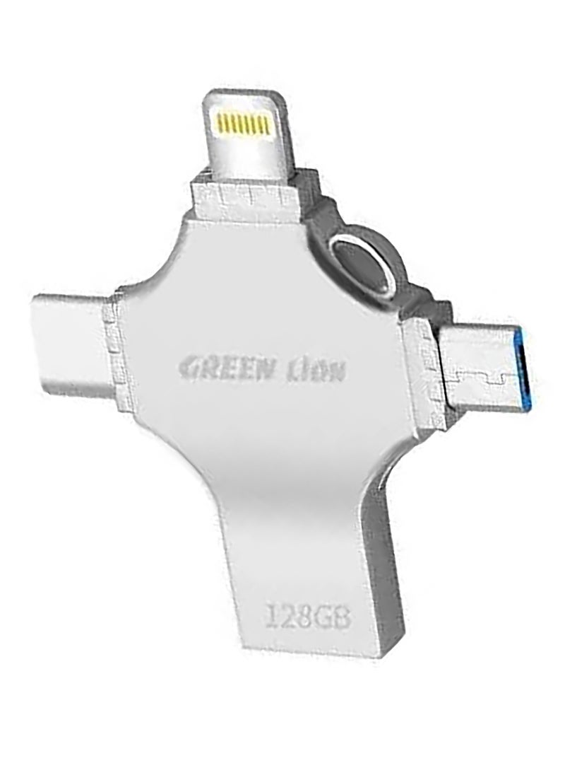 GREEN LION - 4-in-1 High-Speed USB Flash Drive 128GB Data Transfer / USB-A / USB-C / Lightening / Micro / Large Storage Capacity / Portable Design - Silver - Image 1