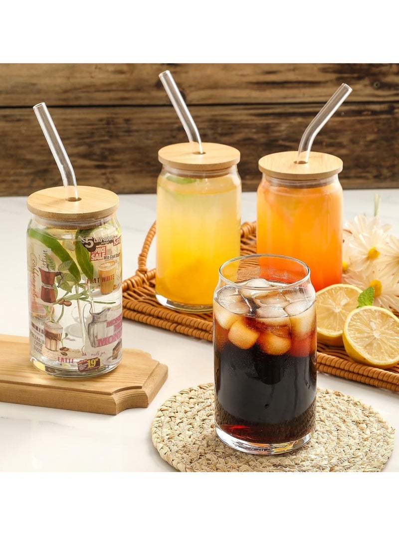 4pcs Set 16oz Drinking Glasses with Bamboo Lids and Glass Straw Can Shaped Coffee Glasses With 2 Cleaning Brushes