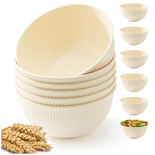 LIANGKEN 6 Pcs 24 oz Unbreakable Cereal Bowls, Reusable Plastic Lightweight Bowls, Made from Wheat Straw Fiber, Ideal for Salads, Soups, Ramen, Noodles (The color of rice, 24OZ) - Image 1