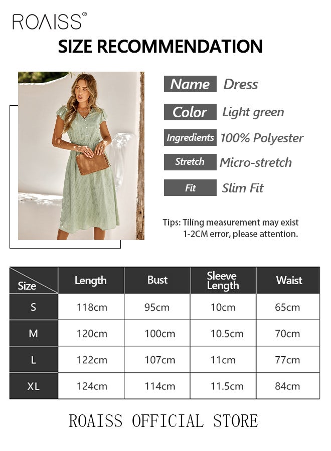roaiss Women's Dress Pure Color V-Neck  Short Sleeve Waist-Cinching Slimming Fresh and Beautiful Mid-Length A-line Dress for Ladies Elegant Temperament Casual Outfit  - Image 4