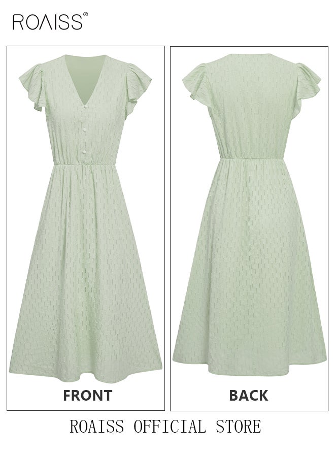 roaiss Women's Dress Pure Color V-Neck  Short Sleeve Waist-Cinching Slimming Fresh and Beautiful Mid-Length A-line Dress for Ladies Elegant Temperament Casual Outfit  - Image 5