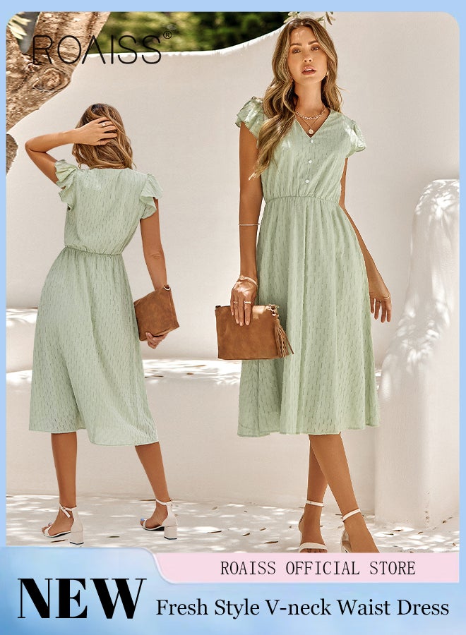 roaiss Women's Dress Pure Color V-Neck  Short Sleeve Waist-Cinching Slimming Fresh and Beautiful Mid-Length A-line Dress for Ladies Elegant Temperament Casual Outfit  - Image 3