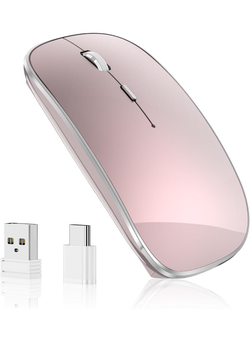 ماوس لاسلكي قابل للشحن محمول صامت بوضع مزدوج USB وType-C مع 3 مستويات DPI قابلة للتعديل للكمبيوتر المحمول، ماك، ماك بوك، أندرويد، كمبيوتر شخصي (Q23S أسود) (ذهب روز) - Image 1