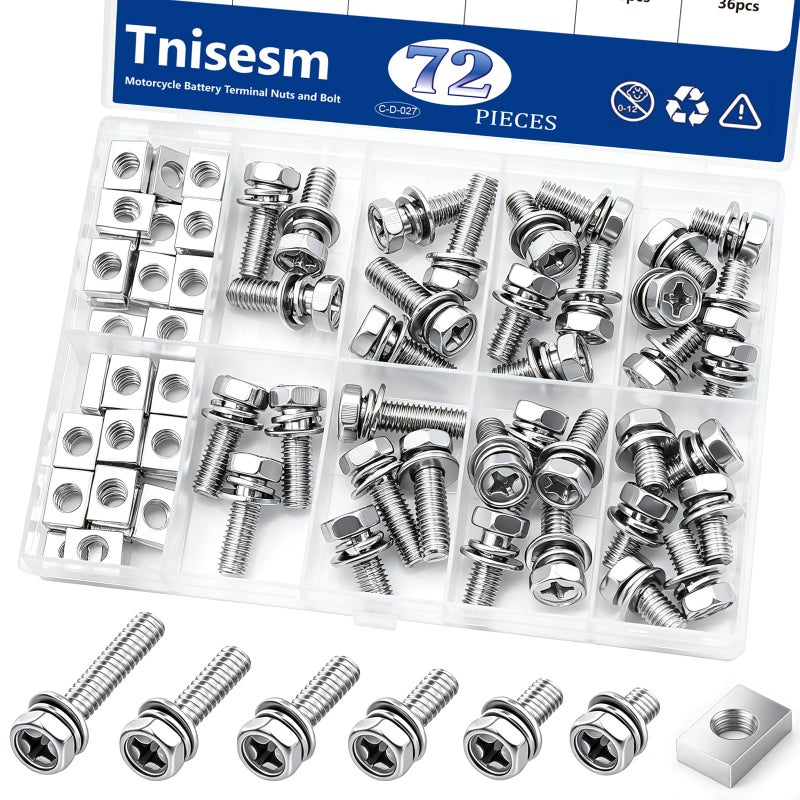 Tnisesm 72PCS Battery Terminal Motorcycle Bolts and Nuts Kit M6x1012161820mm 304 Stainless Steel Battery Bolt with Square Nut for ATV Bike Motorcycle Scooter - Image 3