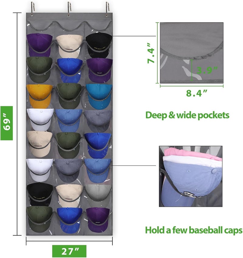 Dofilachy Hat Rack - Hat Organizer - Hat Racks for Baseball Caps, Visible Hat Holder - Baseball HatRack for Wall Door with 3 Hooks, 27 Deep Pockets - Image 5