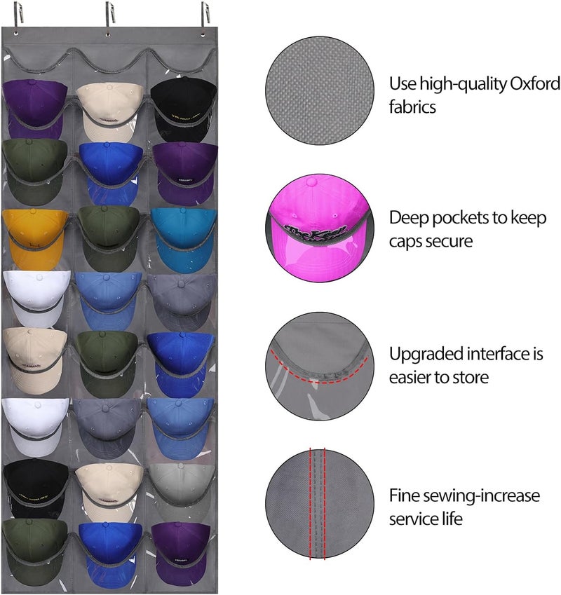 Dofilachy Hat Rack - Hat Organizer - Hat Racks for Baseball Caps, Visible Hat Holder - Baseball HatRack for Wall Door with 3 Hooks, 27 Deep Pockets - Image 2