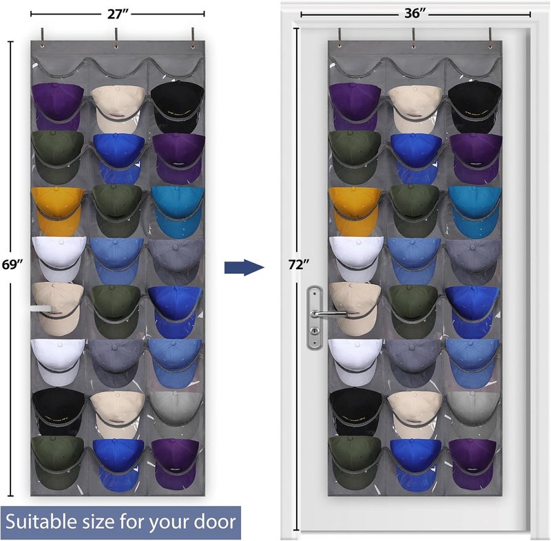 Dofilachy Hat Rack - Hat Organizer - Hat Racks for Baseball Caps, Visible Hat Holder - Baseball HatRack for Wall Door with 3 Hooks, 27 Deep Pockets - Image 4