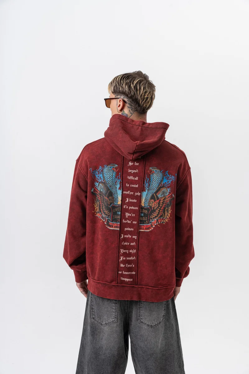 RESPIRE Men's Snake Printed Washed Hooded Oversize Hoodie Bordeaux