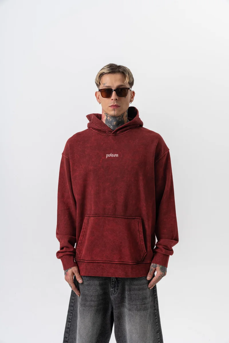 RESPIRE Men's Snake Printed Washed Hooded Oversize Hoodie Bordeaux