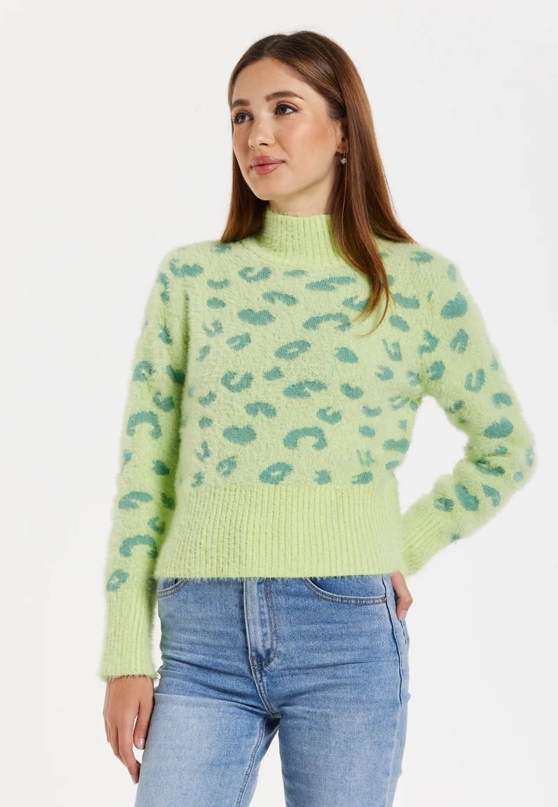 Liquorish Fluffy Animal High Neck Jumper In Green