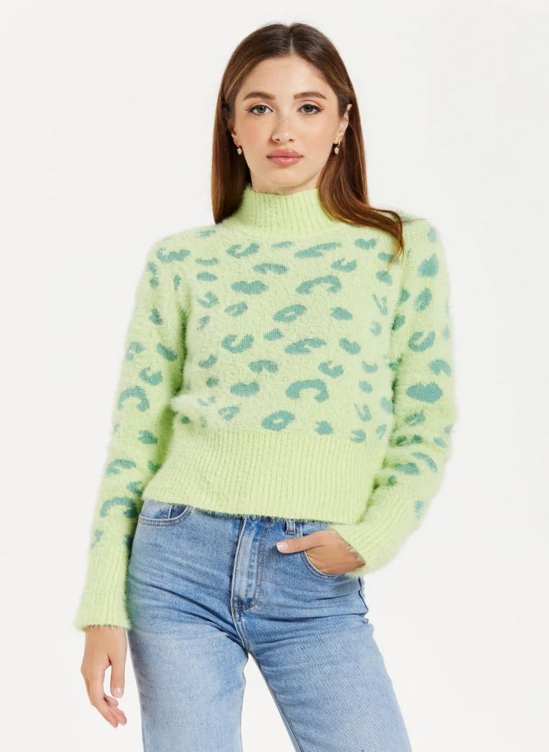 Liquorish Fluffy Animal High Neck Jumper In Green