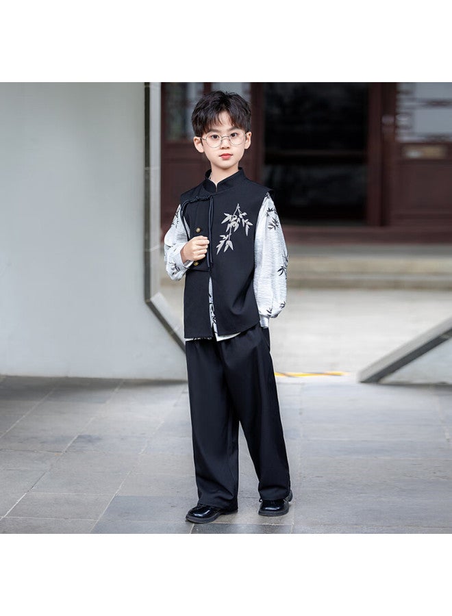 Luobobeibei Boys' New Chinese Style Traditional Vest Set Children's Ancient Style Hanfu Performance Outfit Black Two-piece Set Size 140 - Image 1