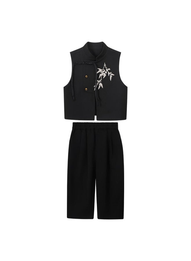 Luobobeibei Boys' New Chinese Style Traditional Vest Set Children's Ancient Style Hanfu Performance Outfit Black Two-piece Set Size 140 - Image 3