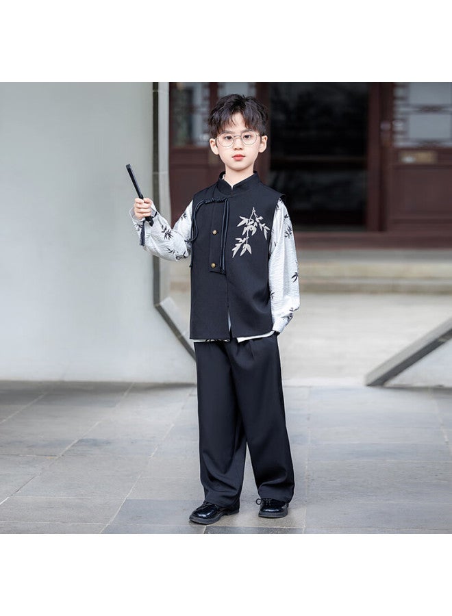 Luobobeibei Boys' New Chinese Style Traditional Vest Set Children's Ancient Style Hanfu Performance Outfit Black Two-piece Set Size 140 - Image 2