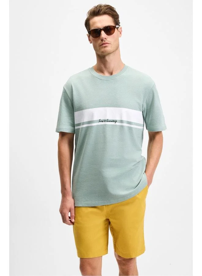 Grimelange LAMINE Men's Printed and Embroidered Detailed %100 Organic Cotton Crew Neck Short Sleeve Regular Fit Green T-Shirt.