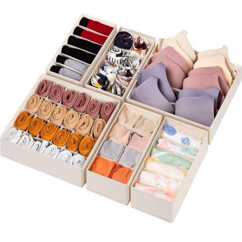 Criusia 6 Pack Sock Underwear Drawer Organizer Dividers, 58 Cell Foldable Fabric Dresser Closet Organizers and Storage Bins for Clothing, Baby Clothes, Bra, Panty, Scarf, Ties (Beige) - Image 1