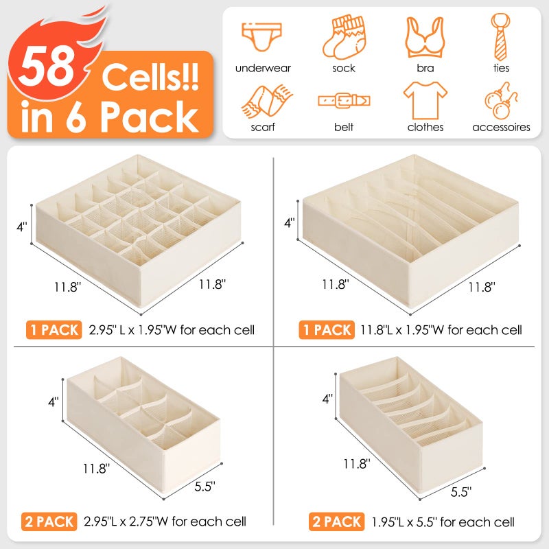 Criusia 6 Pack Sock Underwear Drawer Organizer Dividers, 58 Cell Foldable Fabric Dresser Closet Organizers and Storage Bins for Clothing, Baby Clothes, Bra, Panty, Scarf, Ties (Beige) - Image 4