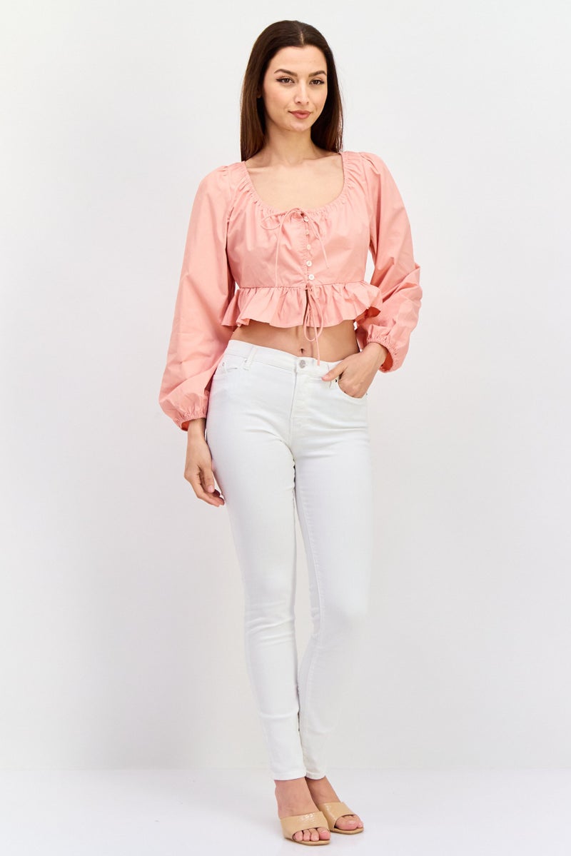 En Saison Women Tie Neck Long Sleeve Plain Crop Top, Pink - Image 4