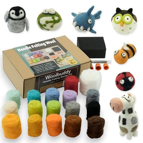 Woolbuddy Needle Felting Wool Kit – Starter Set to Make 6 Cute Animals – Includes Wool, Pad, Needles & Instructions for Beginners and Adults - Image 1