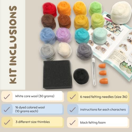 Woolbuddy Needle Felting Wool Kit – Starter Set to Make 6 Cute Animals – Includes Wool, Pad, Needles & Instructions for Beginners and Adults - Image 3