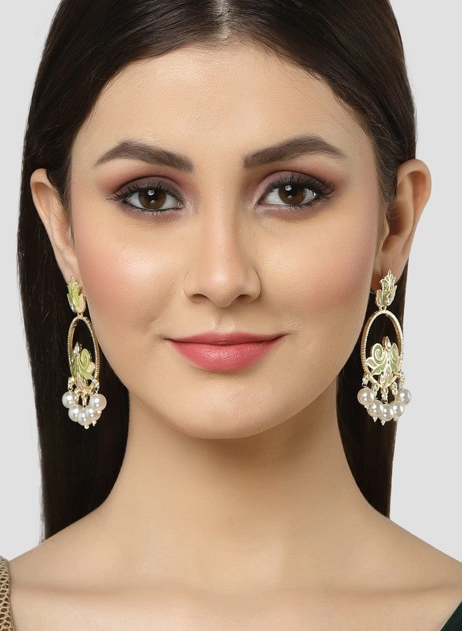 Karatcart Gold Plated Pearl Studded Light Green Meena Dangler Earrings for Women - Image 3