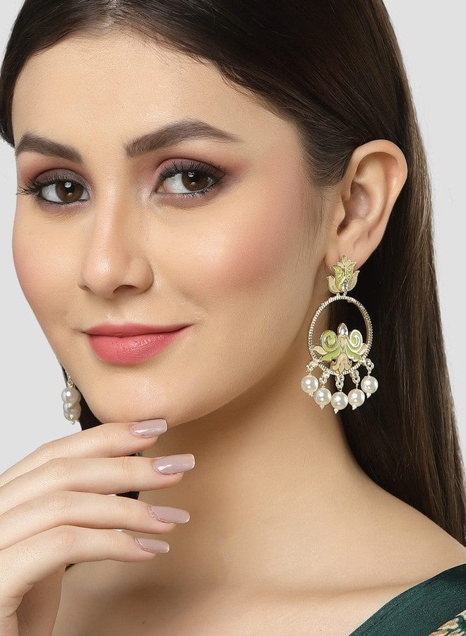 Karatcart Gold Plated Pearl Studded Light Green Meena Dangler Earrings for Women - Image 2