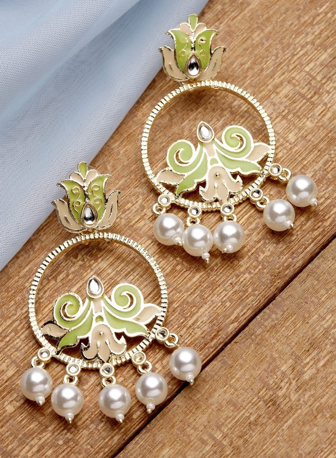 Karatcart Gold Plated Pearl Studded Light Green Meena Dangler Earrings for Women - Image 4