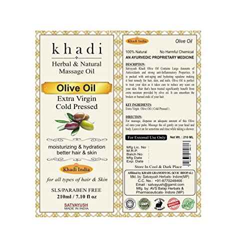Satvayush Khadi Extra Virgin Olive Oil Organic Cold Pressed Pure & Natural For Hair & Skin Nourishment - 210 ml - Image 4