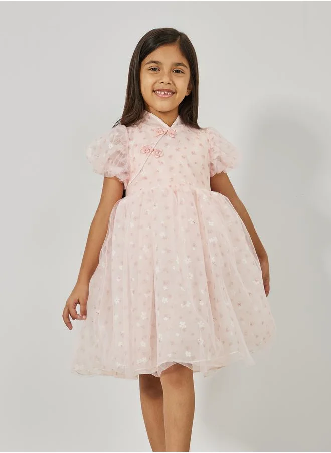 ستايلي Cheongsam Neck Mesh Overlay Dress